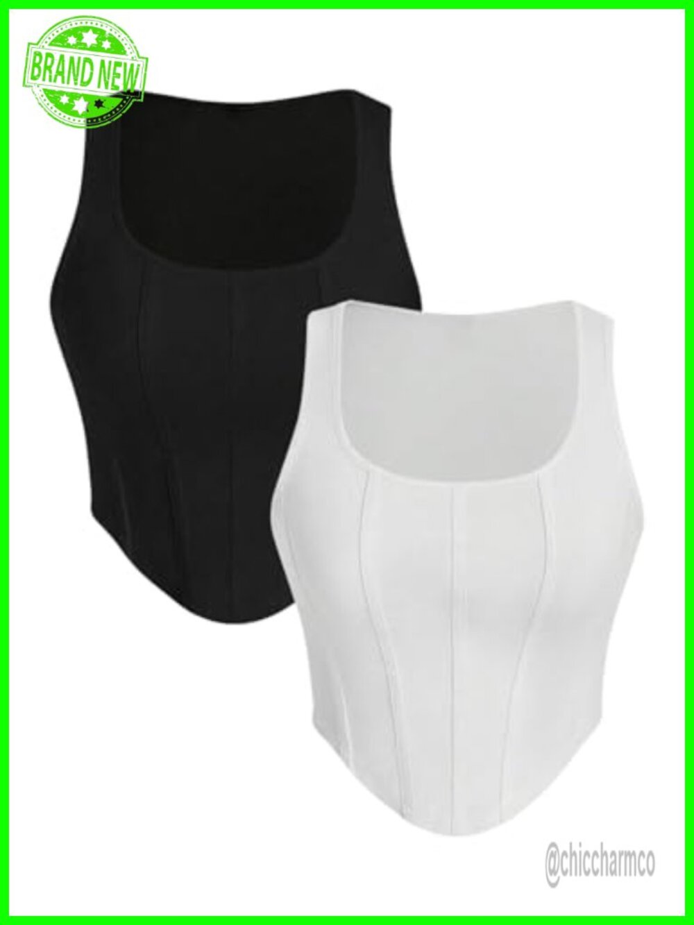 2 Pack Corset Tank Top Square Neck Asymmetrical Hem Ribbed Slim Fit